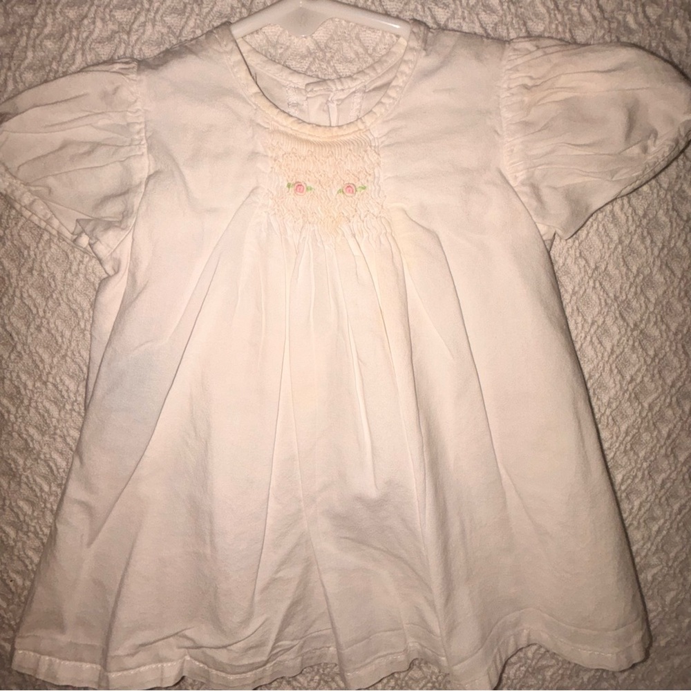 Baby Sen 6 months white dress with smocking pastel pink bullion roses